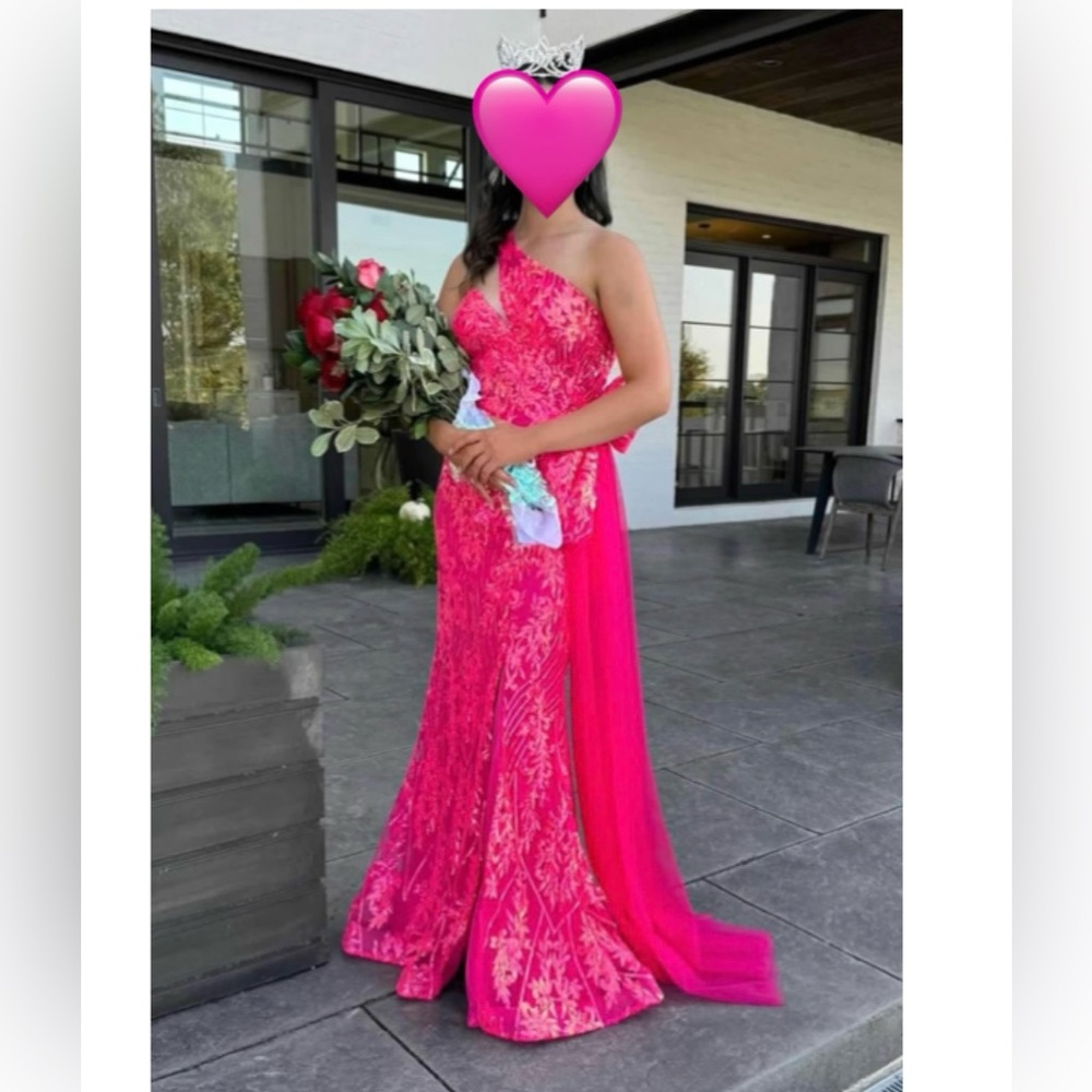 Hot Pink Sequined Gown with Bow and Mesh Train. Prom/ Formal